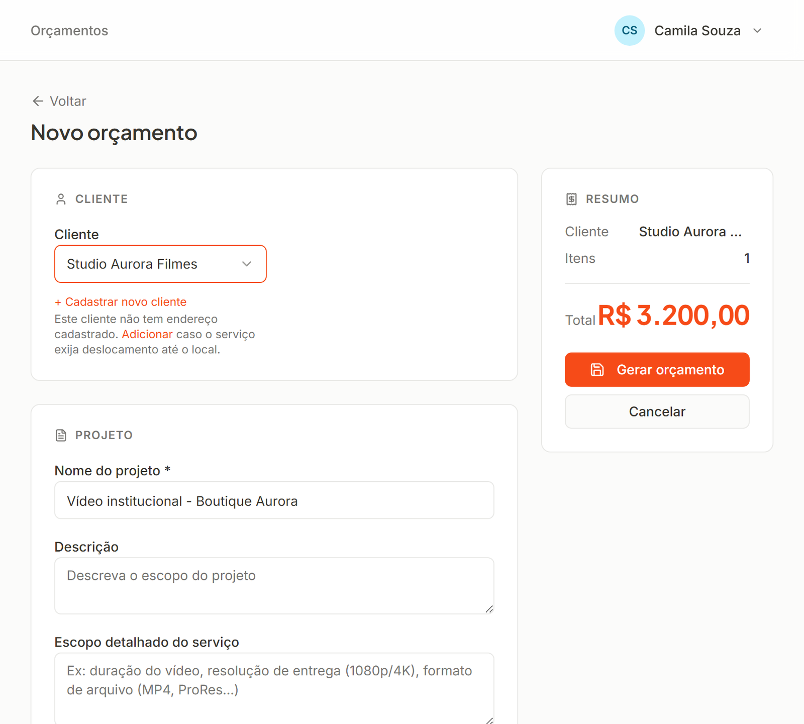 Formulário de novo orçamento do Orça Pro, com cliente, serviço e valor já preenchidos