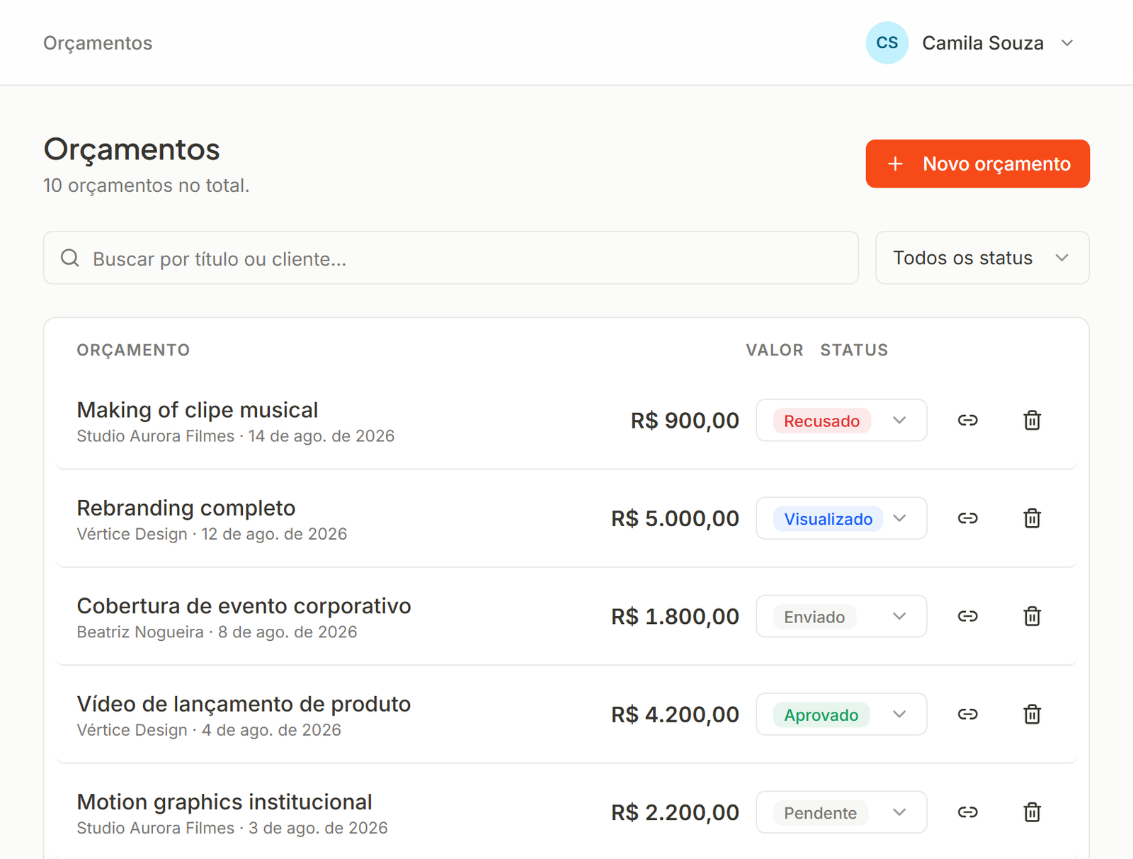 Lista de orçamentos do Orça Pro com valor e status de cada um